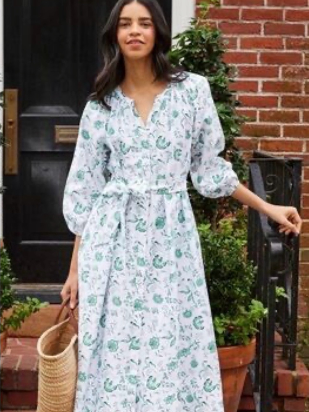 Lake brunch dress white and Green Floral Midi with removal belt and pockets